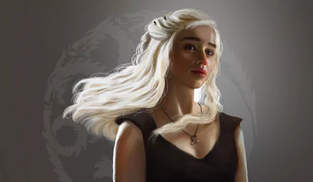 Daenerys Targaryen from Game of Thrones, depicted with flowing white hair and a striking expression, serves as an engaging HD desktop wallpaper and background.