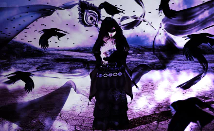Dark fantasy photoshopped HD PC wallpaper: a hooded woman in black stands on cracked purple ground as ravens swirl beneath a stormy, violet-tinged sky.