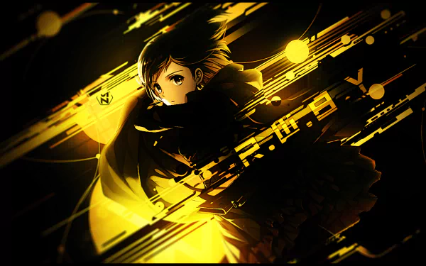 HD PC desktop wallpaper featuring an anime character from RWBY in dynamic motion with glowing yellow and black abstract effects.