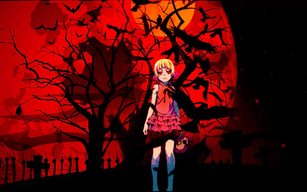 HD desktop wallpaper featuring Kiss-shot Acerola-orion Heart-under-blade (Shinobu Oshino) from the Monogatari series; she stands against a vivid red sky with dark trees and bats soaring above.
