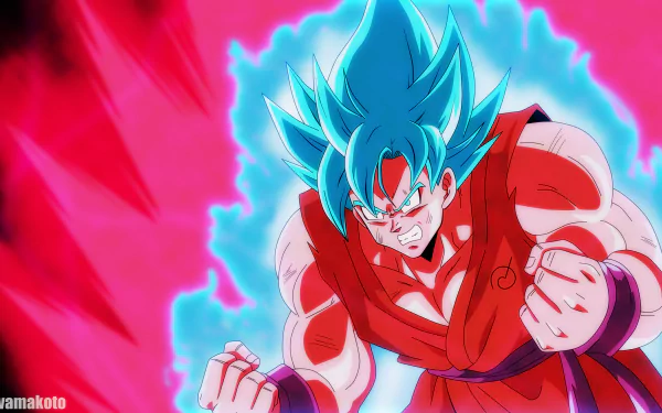 HD desktop wallpaper featuring Goku in his Super Saiyan Blue form combined with Kaioken, emitting a vibrant blue and red aura, from the anime Dragon Ball Super.