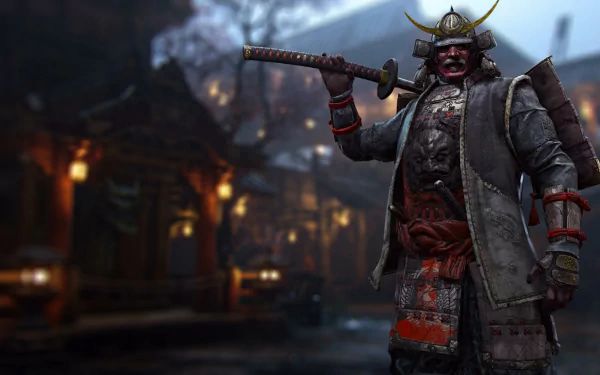 A fierce samurai warrior clad in armor holds a katana, set against a stunning backdrop from the video game For Honor. This HD image captures the essence of battle and bravery.