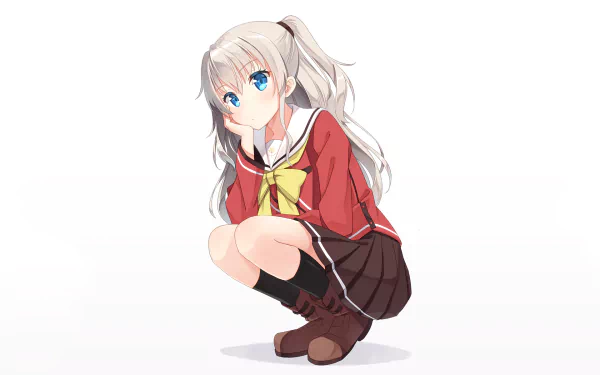 A vibrant HD wallpaper featuring Nao Tomori from the anime Charlotte, showcasing her in a playful pose with striking blue eyes and her signature red school uniform.