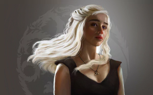 Daenerys Targaryen from Game of Thrones, depicted with flowing white hair and a striking expression, serves as an engaging HD desktop wallpaper and background.