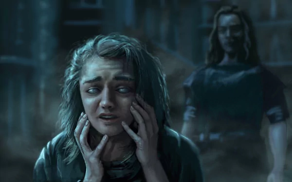 A HD desktop wallpaper featuring Arya Stark from Game of Thrones, capturing a tense moment with her expression reflecting fear and determination in a shadowy setting.