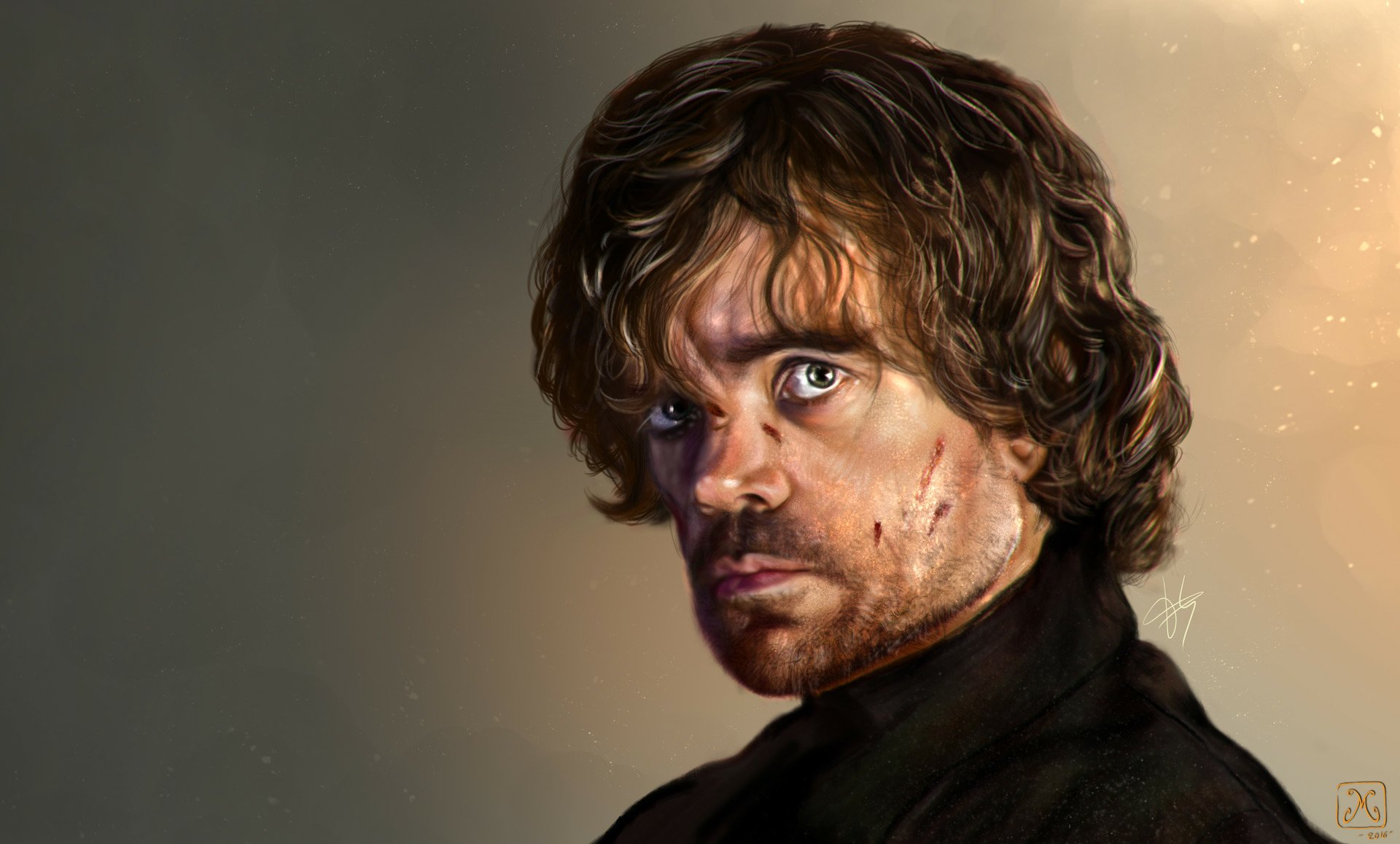 A striking HD wallpaper of Tyrion Lannister from the TV show Game of Thrones, showcasing his intense expression and intricate detailing against a muted background.