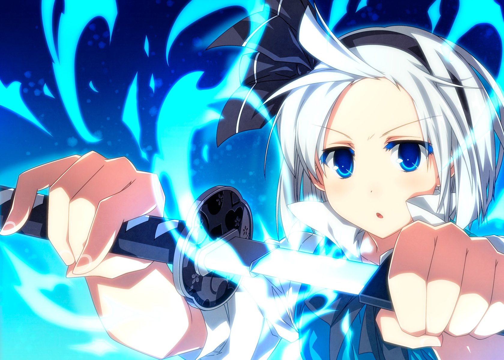 Youmu Konpaku from Touhou with short white hair and blue eyes, wielding a glowing blue sword, set against a vivid blue anime background.