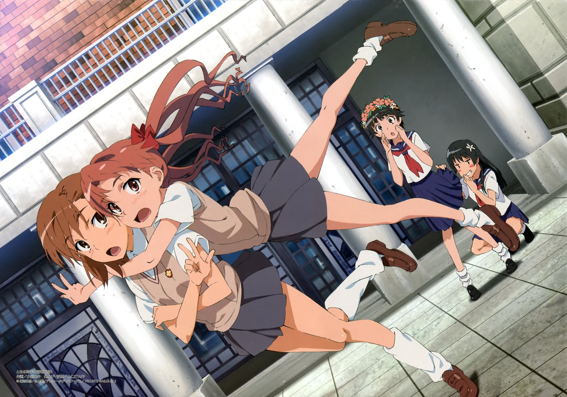 4K Ultra HD PC wallpaper/background of A Certain Scientific Railgun: Mikoto Misaka, Kuroko Shirai, Kazari Uiharu and Ruiko Saten in school uniforms and skirts, short brown hair and brown eyes, playful pose.