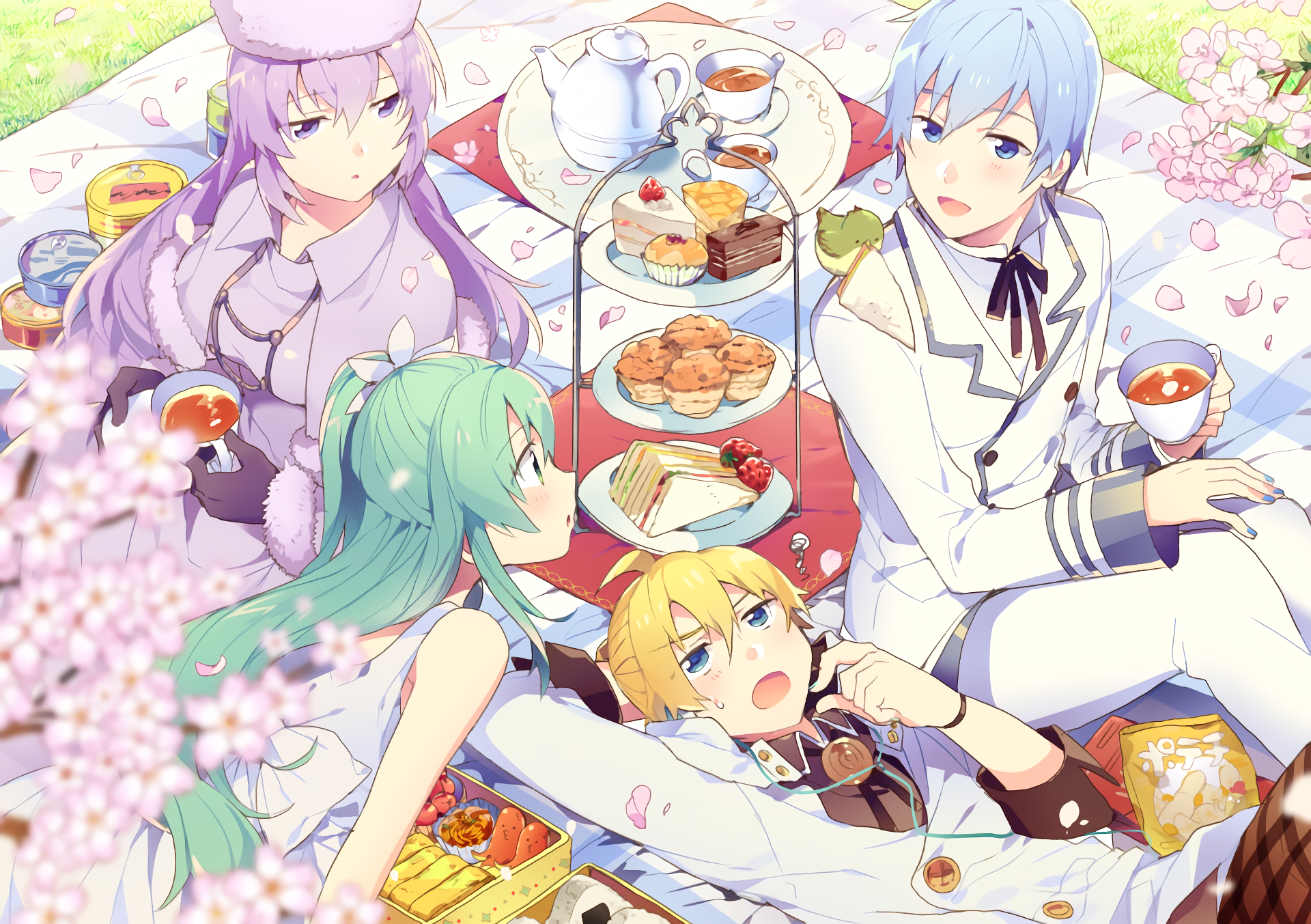 HD anime wallpaper featuring Vocaloid characters Kaito, Len Kagamine, Luka Megurine, and Hatsune Miku enjoying a tea party surrounded by cherry blossoms.