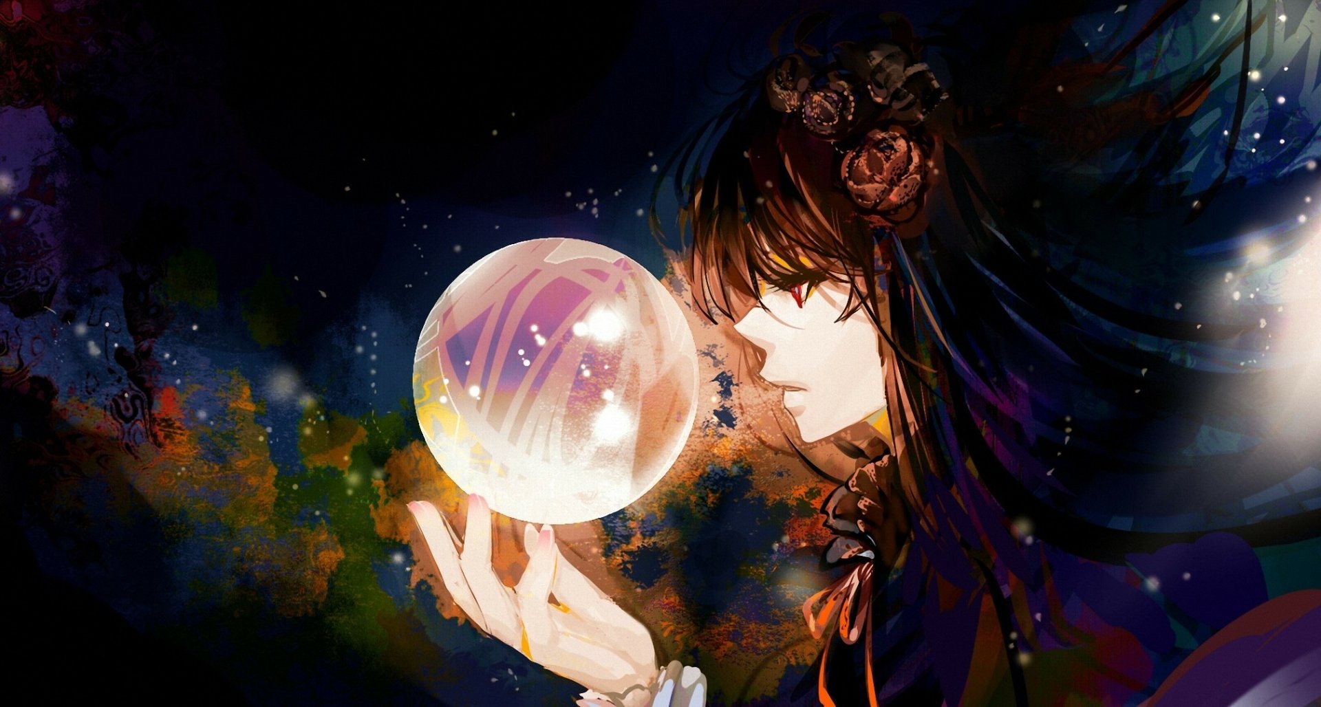 Anime character with long brown hair and red eyes holds a glowing magic ball, set against a dark, mystical background. This HD wallpaper brings a sense of enchantment and fantasy to your desktop.