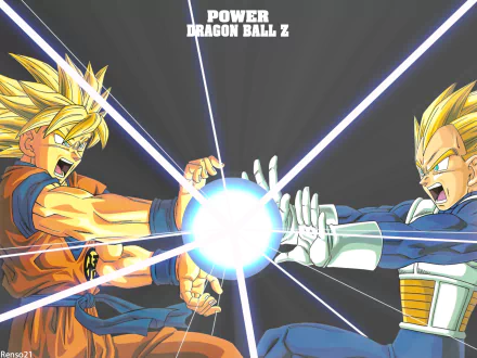 Dynamic HD wallpaper featuring Goku and Vegeta from Dragon Ball Z, charged with energy as they engage in an intense energy clash. A vibrant depiction of iconic anime heroes.