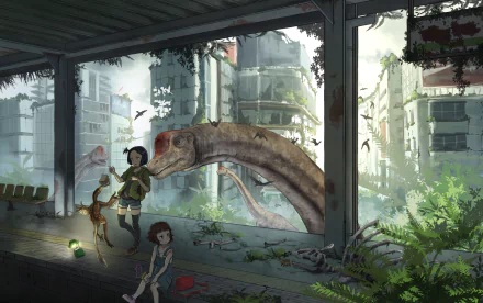 An enchanting anime scene featuring a dinosaur in a post-apocalyptic city. Two children play amidst lush greenery, blending adventure and whimsy in this original HD wallpaper.