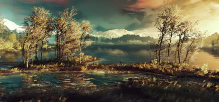 A high-definition wallpaper featuring a stunning landscape from The Witcher 3: Wild Hunt, showcasing Geralt of Rivia standing beside a serene lake with trees, mountains, and an expansive sky in the background.
