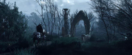 A moody HD wallpaper from The Witcher 3: Wild Hunt, featuring a solitary figure on horseback beside an ancient stone arch amidst misty trees and overgrown grass.
