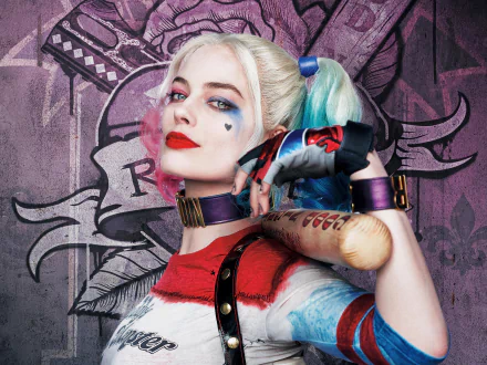 HD desktop wallpaper featuring Margot Robbie as Harley Quinn from the Suicide Squad movie, showcasing her two-toned hair and bat, set against a detailed DC Comics-themed background.