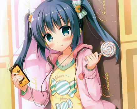 Anime girl with blue twintails and blue eyes smiles while holding a lollipop and phone, wearing headphones and a pastel outfit in this HD desktop wallpaper.