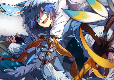 Anime-style HD wallpaper of Nero from Last Period, featuring short blue hair, blue eyes, fangs, a hoodie, gloves, and a staff in a dynamic pose with a bright smile.