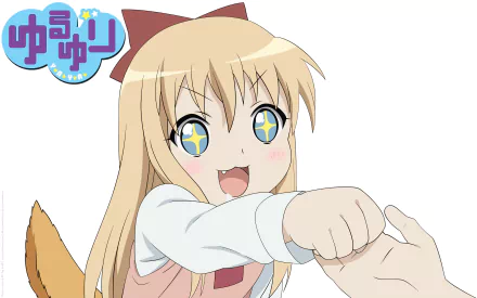 Kyōko Toshinō from the anime YuruYuri, smiling with sparkling eyes, extends her fist playfully. A bright and cheerful HD wallpaper from the series.