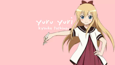 HD anime desktop wallpaper featuring Kyōko Toshinō from YuruYuri, showcasing her cheerful pose with a pen against a soft pink background.