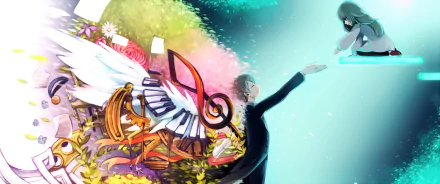 A colorful depiction of Alice from Deemo, featuring green, long hair and a smile, surrounded by flowers and a piano, capturing the essence of the video game.
