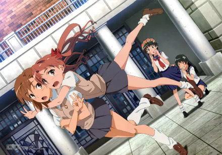4K Ultra HD PC wallpaper/background of A Certain Scientific Railgun: Mikoto Misaka, Kuroko Shirai, Kazari Uiharu and Ruiko Saten in school uniforms and skirts, short brown hair and brown eyes, playful pose.