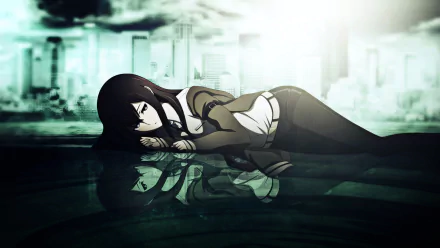 Kurisu Makise from Steins;Gate lies contemplatively by a reflective surface, set against a city skyline, in this striking HD anime wallpaper.