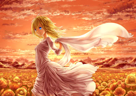 A vibrant HD wallpaper featuring Historia Reiss from Attack on Titan, set against a stunning sunset and golden landscape, showcasing her flowing dress and dynamic pose.