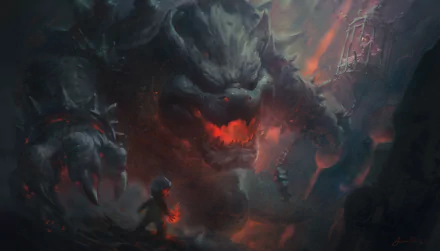 An HD desktop wallpaper from Super Mario Bros. featuring a dark and fiery creature, with a small character facing it bravely.