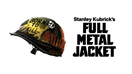 HD desktop wallpaper featuring a bullet-studded helmet with Born to Kill and peace symbol, alongside the bold title of Stanley Kubrick’s film Full Metal Jacket.