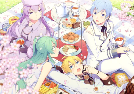 HD anime wallpaper featuring Vocaloid characters Kaito, Len Kagamine, Luka Megurine, and Hatsune Miku enjoying a tea party surrounded by cherry blossoms.