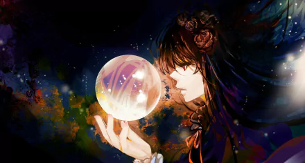 Anime character with long brown hair and red eyes holds a glowing magic ball, set against a dark, mystical background. This HD wallpaper brings a sense of enchantment and fantasy to your desktop.