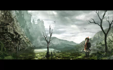 A serene anime girl stands by a tranquil lake amidst a mystical landscape, with mountains and a distant castle under a dramatic sky. This HD wallpaper captures a captivating fantasy scene.