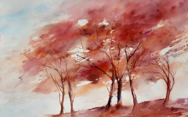 Artistic watercolor painting of trees with red foliage and a soft sky, rendered in 4K Ultra HD as a PC desktop wallpaper and background.