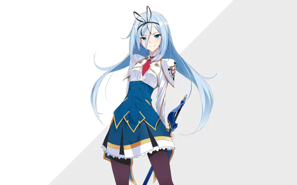 HD wallpaper of Krulcifer Einfolk from Saijaku Muhai no Bahamut (Undefeated Bahamut Chronicle) in anime style, featuring her with long blue hair, dressed in a white and blue outfit.