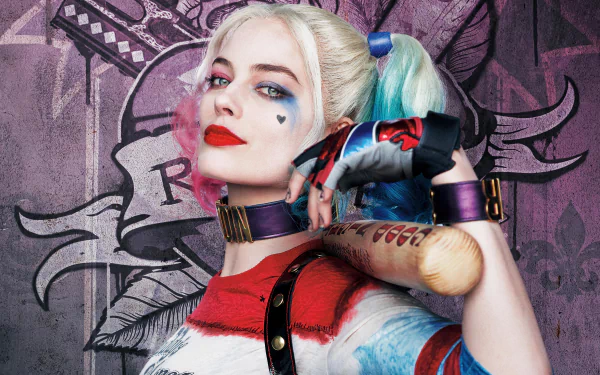 HD desktop wallpaper featuring Margot Robbie as Harley Quinn from the Suicide Squad movie, showcasing her two-toned hair and bat, set against a detailed DC Comics-themed background.