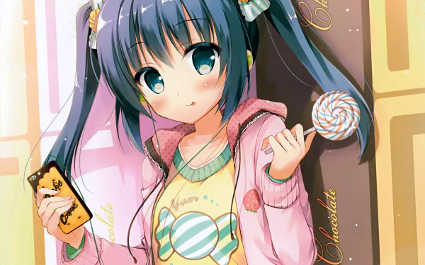 candy headphones phone smile lollipop blush blue eyes blue hair long hair twintails Anime girl anime girl HD Desktop Wallpaper | Background Image