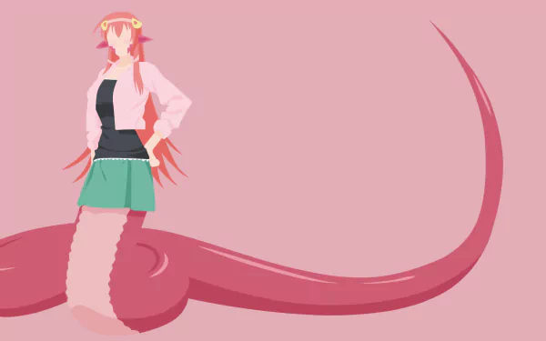 A minimalist HD wallpaper featuring Miia from Monster Musume, showcasing her long red hair, pointed ears, and characteristic tail while dressed in a stylish skirt and top.
