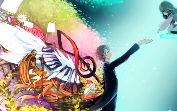 A colorful depiction of Alice from Deemo, featuring green, long hair and a smile, surrounded by flowers and a piano, capturing the essence of the video game.