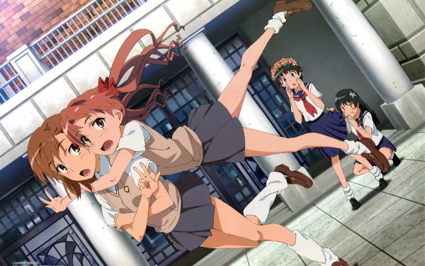 4K Ultra HD PC wallpaper/background of A Certain Scientific Railgun: Mikoto Misaka, Kuroko Shirai, Kazari Uiharu and Ruiko Saten in school uniforms and skirts, short brown hair and brown eyes, playful pose.