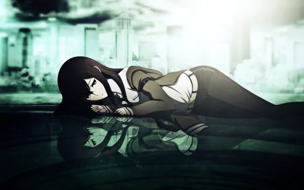 Kurisu Makise from Steins;Gate lies contemplatively by a reflective surface, set against a city skyline, in this striking HD anime wallpaper.