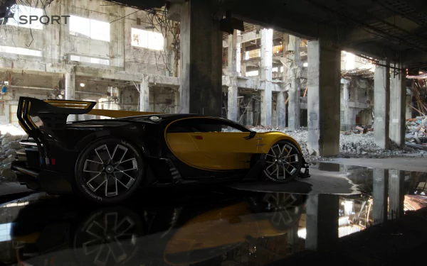 A sleek yellow Bugatti sits in a ruined building, its reflection visible on the floor, creating a striking contrast between luxury and decay, inspired by Gran Turismo Sport.