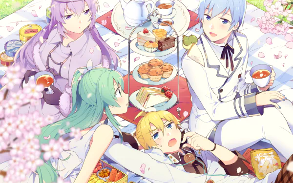 HD anime wallpaper featuring Vocaloid characters Kaito, Len Kagamine, Luka Megurine, and Hatsune Miku enjoying a tea party surrounded by cherry blossoms.
