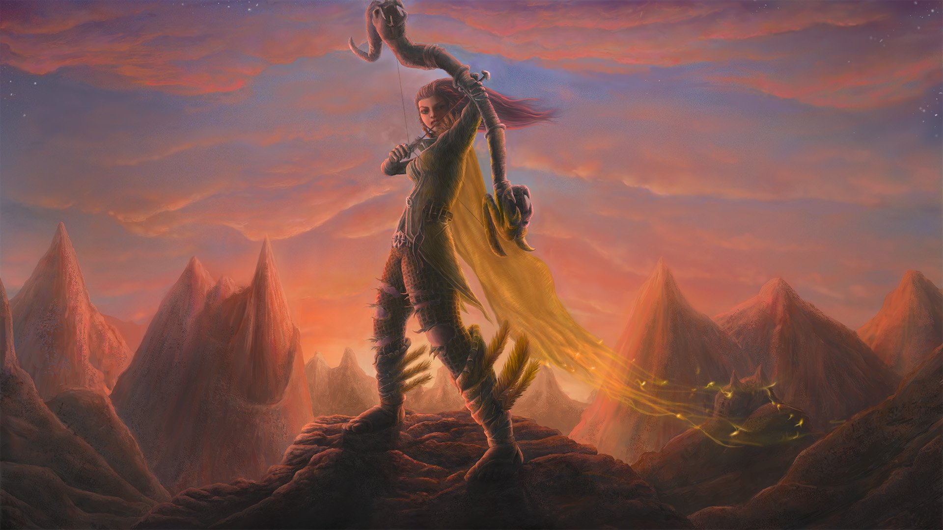 HD PC desktop wallpaper featuring Windranger from DotA 2, standing heroically on a rocky peak against a vivid sunset sky in a video game-inspired scene.