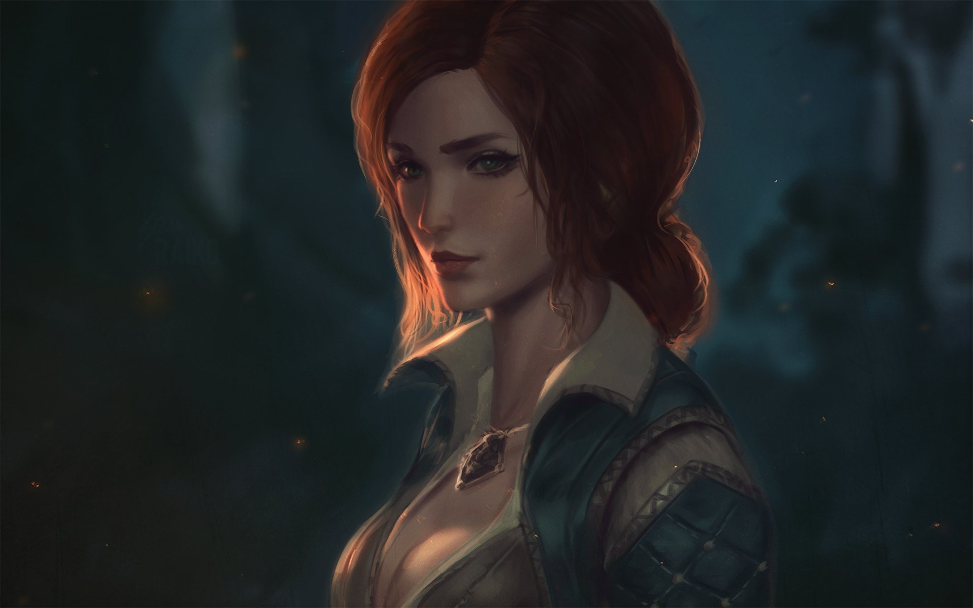 Triss Merigold from *The Witcher 3: Wild Hunt* is portrayed in this HD desktop wallpaper, featuring her striking gaze and iconic attire against a mystical backdrop.