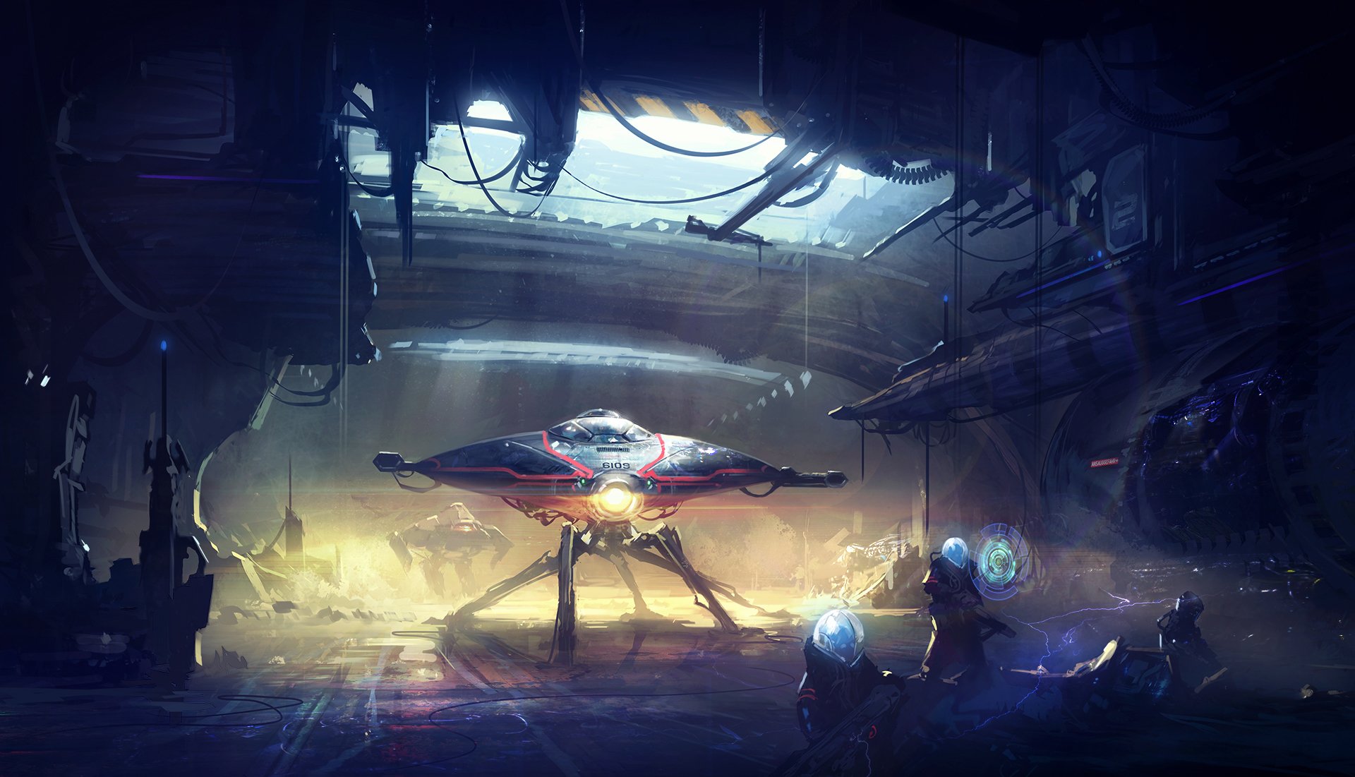 A futuristic scene featuring a soldier with a weapon, an alien spaceship in a dimly lit hangar, and otherworldly characters, blending sci-fi elements with intense action.