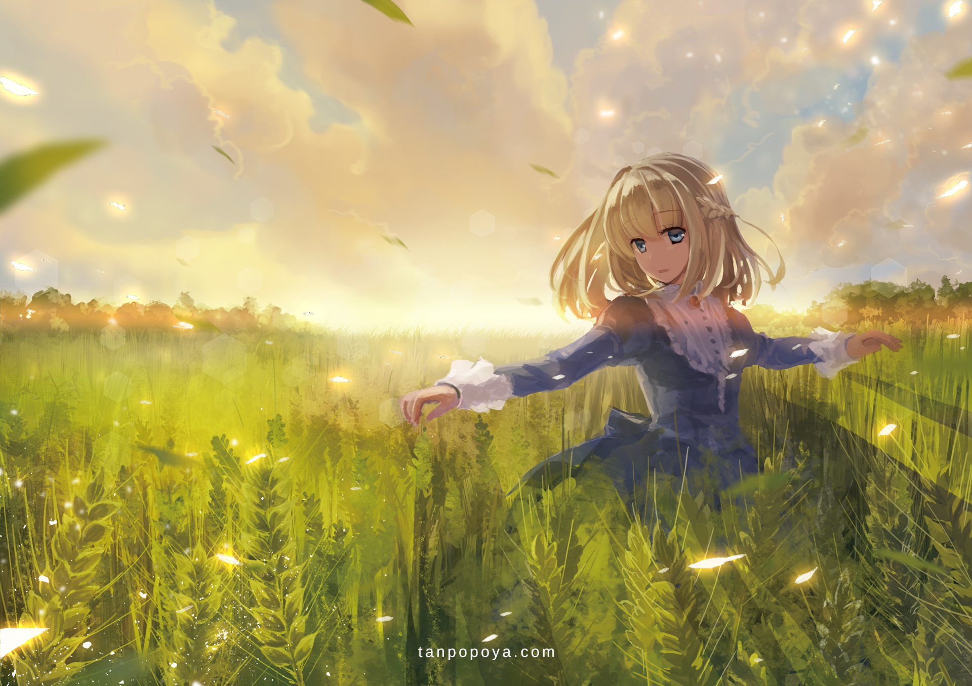HD anime original desktop wallpaper featuring a blonde girl in a blue dress standing in a sunlit, grassy field with glowing particles floating around.