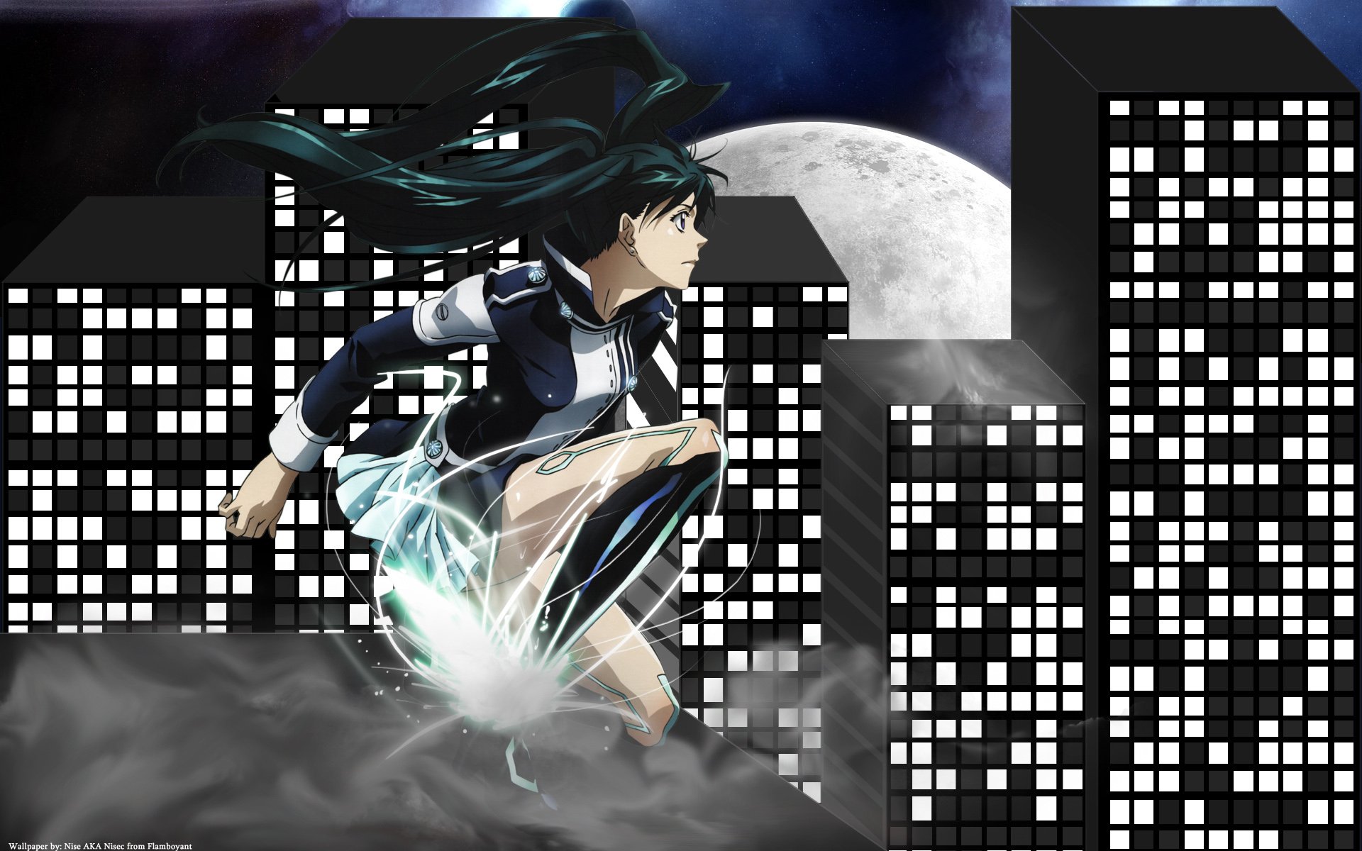 HD PC desktop wallpaper featuring Lenalee Lee from the anime D.Gray-man, poised dynamically against a nighttime cityscape with a full moon backdrop.