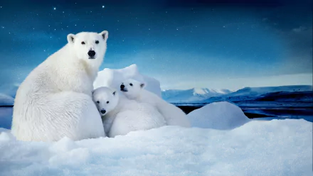 HD PC wallpaper featuring a cute polar bear cub and its mother in a snowy Arctic setting, evoking love and the spirit of the movie To the Arctic.