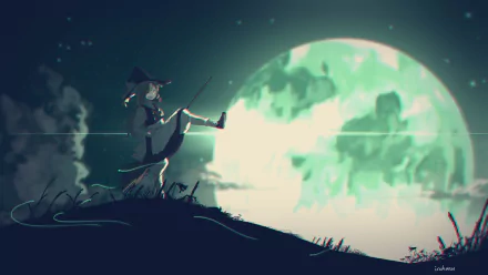 HD anime desktop wallpaper featuring Marisa Kirisame from Touhou sitting on a hill under a large glowing full moon.