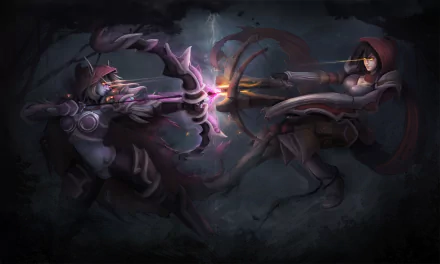 A fierce battle scene featuring Sylvanas Windrunner, a woman warrior from World of Warcraft, armed with a bow, facing a Demon Hunter from Diablo III. Dark and dynamic HD wallpaper.